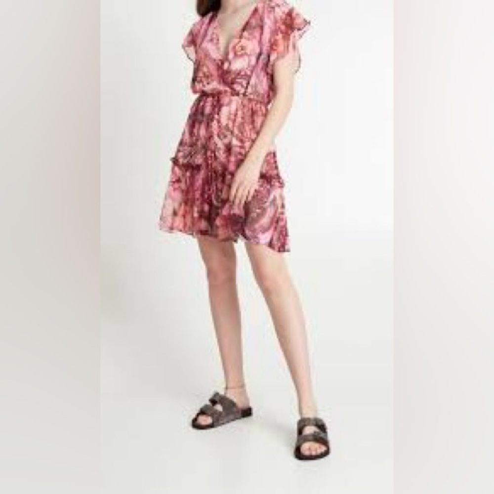 Guess Women's Pink Rosa Floral-Print Flutter-Sleeve Dress Size large - Picture 2 of 7